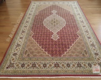 Alfombra persa anudada a mano - Alfombra de lana roja y crema - Alfombra tradicional Tabriz mahi con medallón para sala de estar - Estilo vintage.