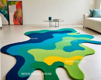 Hand-Tufted Wool Rug: Retro modern  abstract  irregular Organic Blob Shape, Green blue rug.