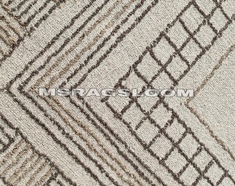 Alfombra de lana geométrica tejida a mano: alfombra bohemia moderna neutra, alfombra con acento beige suave y marrón de MSRugsLoom.