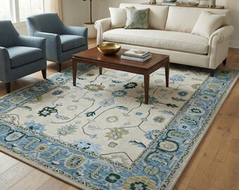 Hand-Knotted Oushak Wool Rug – Blue and Ivory Floral Area Rug, Traditional Turkish Designer Rug for Living Room.
