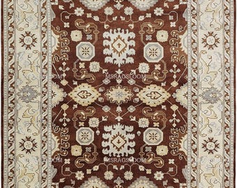 Hand-Knotted Wool Oushak Rug – 8x10 Rust Brown Floral Medallion