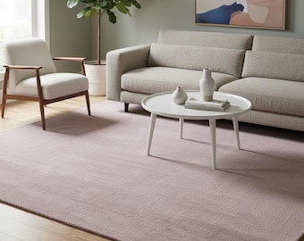 Hand-Knotted Dusty Rose Wool Rug - Soft Mauve Pink Area Rug for Bedroom & Nursery - Textured Bohemian Handwoven Rug-Modern Minimalist Decor.