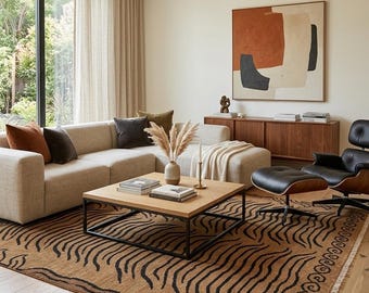 Hand Knotted Tiger Print Wool Rug - Tibetan Tiger Pattern Area Rug - Mid Century Modern Large Living Room Rug - Neutral Scandi Boho Decor.
