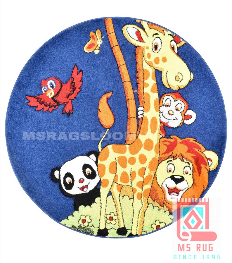 May include: A round blue rug featuring a cartoon jungle scene. A giraffe, lion, monkey, panda, and red bird are depicted. The rug has a white border and the text "MS RUG SINCE 1996".