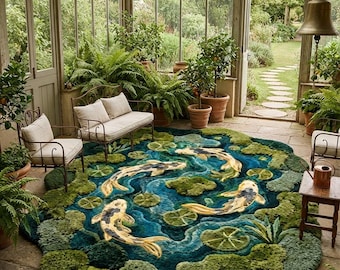 Hand-Tufted Koi Pond Rug | Nature Inspired Organic Shape Area Rug | Zen Garden Decor | Custom Wool Accent Rug.