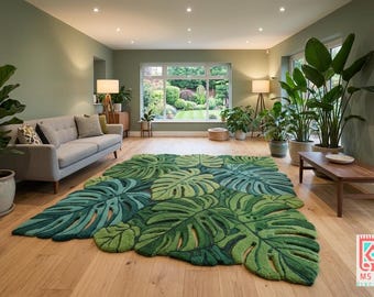 Puede incluir: Una alfombra verde grande en una sala de estar, con un diseño de hoja de monstera. La alfombra está colocada sobre un piso de madera, con un sofá gris y plantas en el fondo. La habitación tiene una gran ventana con vista a un jardín.