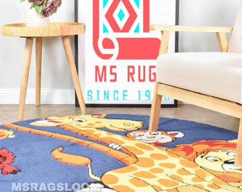 Hand-Knotted Wool Safari Rug: Round Playroom Carpet with Giraffe, Lion, Panda