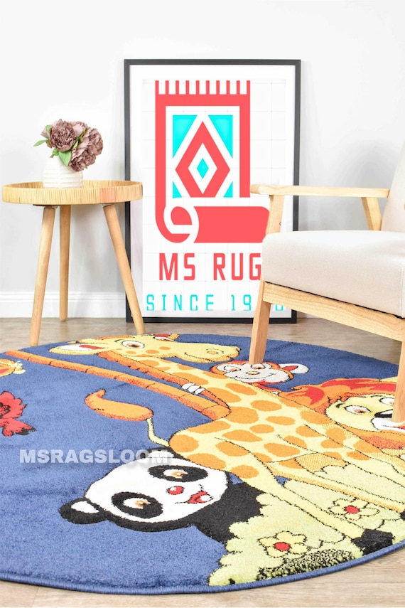 Hand-Knotted Wool Safari Rug: Round Playroom Carpet with Giraffe, Lion, Panda
