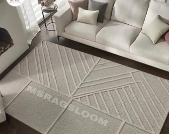 Hand-Tufted Wool Rug | Minimalist Geometric Beige Carpet