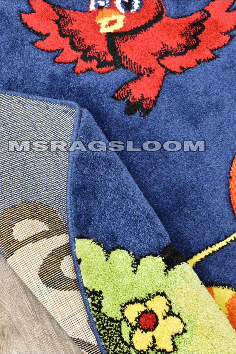 May include: Blue area rug with a colorful bird design. The rug features a large red bird with black accents and a yellow beak. The rug's edge is a darker blue, and the text "MSRAGSLOOM" is visible.
