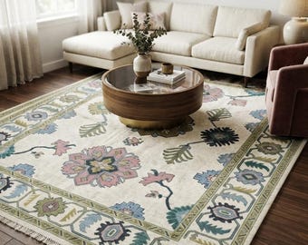 Handknotted Oushak Wool Rug, Floral Medallion Area Rug, Soft Pastel Carpet, Turkish Handmade Rug, Boho Living Room Decor.