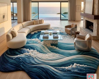 Ocean Wave Hand-Tufted Rug - Large Irregular Shaped Area Rug for Living Room - Deep Blue Sea Wave Carpet - Unique Coastal Home Decor.