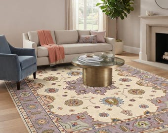 Hand Knotted Oushak Wool Area Rug, Soft Pastel Floral Living Room Carpet, Modern Traditional Antique Style Rug.