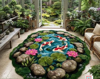 Hand-Tufted Koi Pond Rug | Nature Inspired Organic Shape Area Rug | Zen Garden Decor | Custom Wool Accent Rug.
