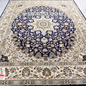 Handmade Persian Style Floral Area Rug | Navy Blue & Beige Medallion Carpet | Traditional Oriental Living Room Rug | MS Rug Loom.