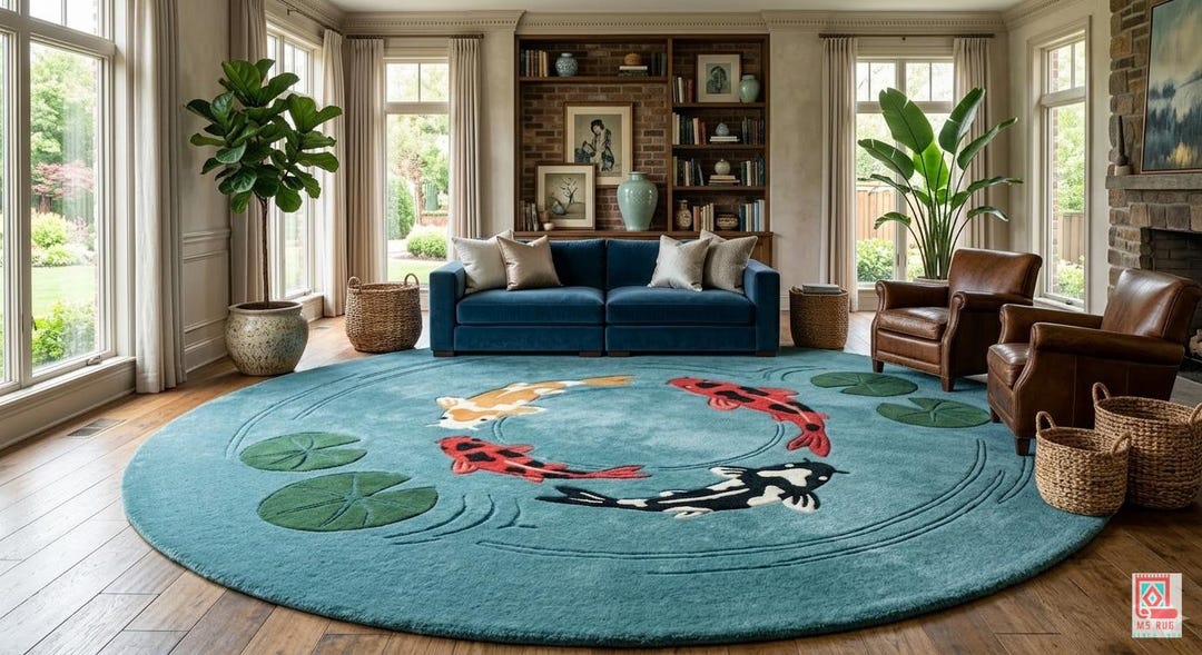 Hand Tufted Round Koi Fish Rug Blue Orange Decor.zen Garden Circle ...
