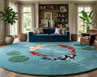 Koi Fish Round Rug Hand Tufted | Japanese Pond Rug | Handmade Blue Circular Area Rug for Living Room.