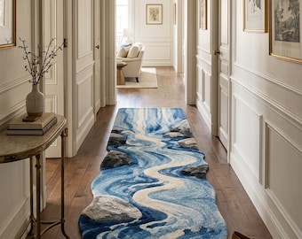 Hand-Tufted Waterfall River Runner Rug – 3D Textured Stone & Water Design – Blue Grey Nature-Inspired Area Rug for Hallway and kitchen.