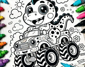 Dino Coloring Book for Kids, Cars and Dinosaurs, Coloring Fun for 3-6 Years, Creative Gift, Monster Trucks, Ideal for Children