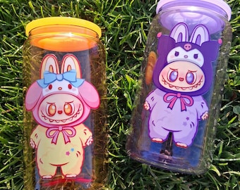 Hello labubu purple glass cup with acrylic plastic straw and lid