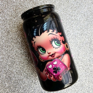 Pretty Betty black 16oz glass cup with acrylic straw and lid