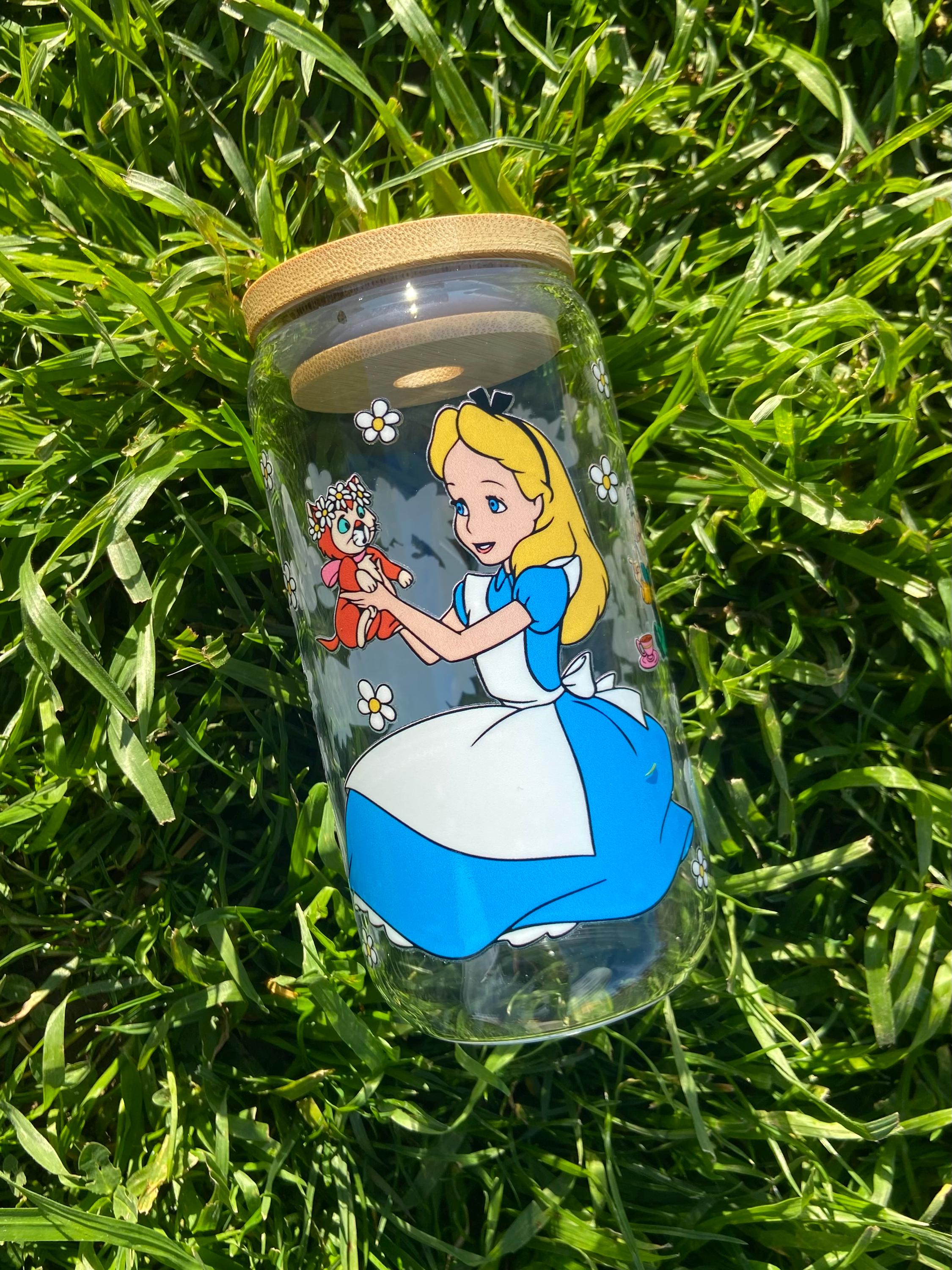 Alice 16oz clear/Pink glass cup with lid and straw
