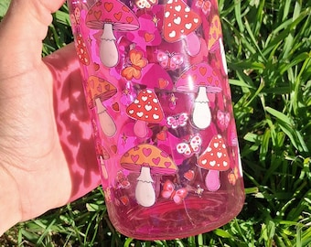 Pretty mushrooms 16oz pink glass tumbler with plastic straw and lid