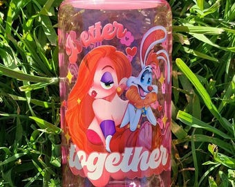Jessica and Rodger rabbit 16oz pink glass tumbler with plastic lid and straw