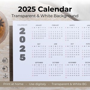 2025 Calendar PNG | Transparent & White Background Digital Calendar | Minimalist Yearly Planner | Printable Calendar Download