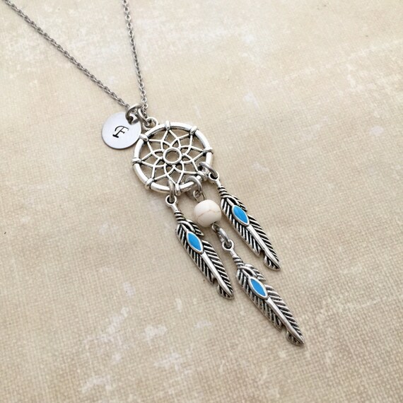 Items similar to Dream Catcher Necklace, Bohemian Necklace, Initial