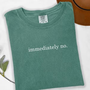 Op de afbeelding: Een teal Comfort Colors t-shirt met de witte tekst "immediately no". Een bruine hoed is zichtbaar in de rechterbovenhoek. Een takje groen is in de linker benedenhoek.