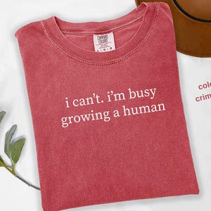 May include: Crimson red t-shirt with the text "i can't. i'm busy growing a human" in white.