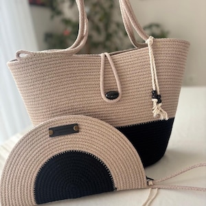 Beige & Schwarz Sommer Baumwollseil Tasche, Boho Stil, Seil Handtasche, handgewebte Strand Einkaufstasche, handgemachte geflochtene Schultertasche und Handtasche