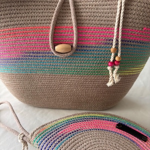 Sac en corde de coton arc-en-ciel d'été, sac à main en corde, sac à bandoulière et sac à main tressés à la main, style bohème, sac fourre-tout de plage tissé à la main,