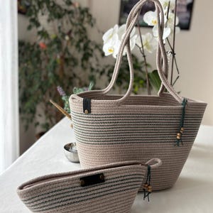 Beige&Green Handmade Woven Rope Bag and Pouch Set – Beige Cotton Rope Bag,Gift hor Mom, Summer Beach Bag , Eco-Friendly Gift for Her.