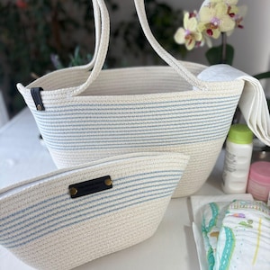 Blue&White Summer Cotton Rope Bag, Boho Style, Rope hand bag,Handwoven Beach Tote Bag,Handmade Braided Shoulder Bag and Hand Bag