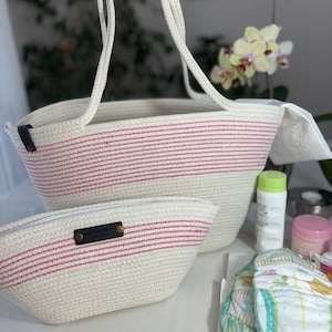 Pink&White Summer Cotton Rope Bag, Boho Style, Rope hand bag,Handwoven Beach Tote Bag,Handmade Braided Shoulder Bag and Hand Bag