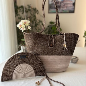 Beige & glänzend Braun Sommer Baumwollseil Tasche, Boho Stil, Seil Handtasche, handgewebte Strand Tragetasche, handgemachte geflochtene Umhängetasche und Handtasche