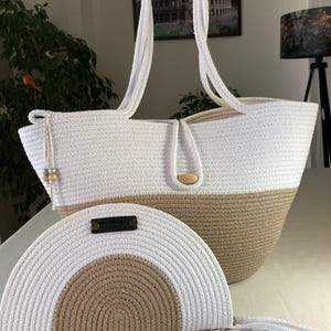 Beige & weiße Sommer-Baumwollseil-Tasche, umweltfreundliche Geschenkidee, handgewebte Strandtasche, gewebte Schultertasche und Handtasche, Juteseil-Tasche.