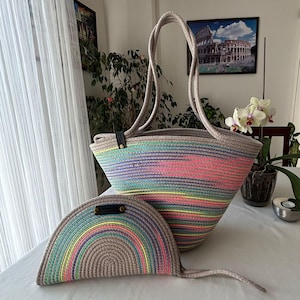 Rainbow Summer Cotton Rope Bag, Rope hand bag,Handmade Braided Shoulder Bag and Hand Bag ,Boho Style, Handwoven Beach Tote Bag,