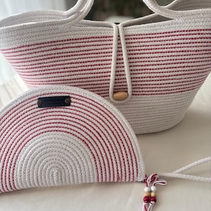Red&White Summer Cotton Rope Bag,Jute Bag,Summer Bag,Rope hand bag,Handwoven Beach Tote Bag,Handmade Braided Shoulder Bag and Hand Bag