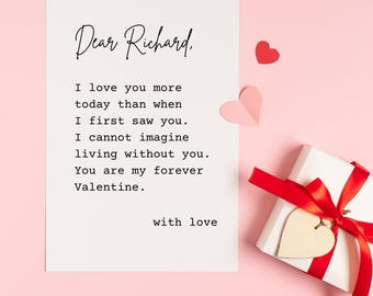 May include: A pink card with a handwritten message that reads "Dear Richard. I love you more today than when I first saw you. I cannot imagine living without you. You are my forever Valentine. with love"