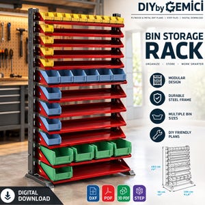 Puede incluir: Un estante de almacenamiento de metal con estantes rojos y contenedores multicolores en amarillo, azul y verde. El estante incluye texto como DIY by GEMICI, BIN STORAGE RACK, y dimensiones de 183 cm por 48 cm por 106 cm.