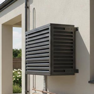 May include: A dark grey air conditioning unit with horizontal slats, mounted on a building's exterior wall. Copper pipes run below the unit. The wall is a light beige colour, and a window is visible to the right.