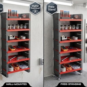 Puede incluir: Una unidad de almacenamiento alta de varios estantes con paneles laterales gris oscuro y estantes rojos, mostrada en dos configuraciones: montada en pared y de pie. Los estantes contienen herramientas, frascos y suministros. Etiquetas: Wall-Mounted, Digital Download, Free-Stand.
