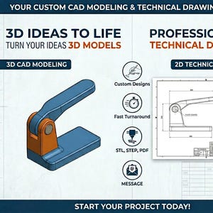 以下が含まれることがあります： 機械レバーの青とオレンジの3D CADモデルと2D技術図面を掲載したサービス広告。テキストには「YOUR CUSTOM CAD MODELING & TECHNICAL DRAWING SERVICE」「3D IDEAS TO LIFE」「PROFESSIONAL 2D TECHNICAL DRAWINGS」と記載されています。