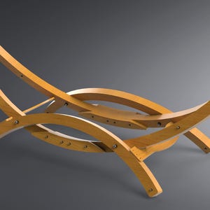 May include: A light-colored wooden hammock stand with a curved design. The stand features a series of curved wooden supports connected by metal hardware. The design is intended to hold a hammock.