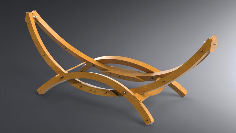 May include: A light-colored wooden hammock stand with a curved design. The stand features a series of curved wooden supports connected by metal hardware. The design is intended to hold a hammock.