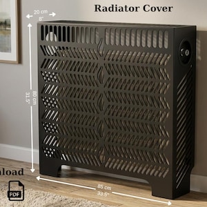 May include: A black radiator cover with a chevron pattern and flame cutouts, labelled Size S. Dimensions are 85 cm wide, 80 cm high, and 20 cm deep. This is a digital download product including DXF and PDF files.