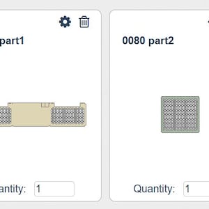 May include: Two product images on a white background. The first image shows a beige rectangular part with mesh detailing. The second image displays a square, mesh-covered part in a light green hue. Both images have the text "0080 part1" and "0080 part2" respectively.